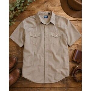 Falcon Bay Men’s XL Tan Micro Check Pearl Snap Western Shirt Short Sleeve